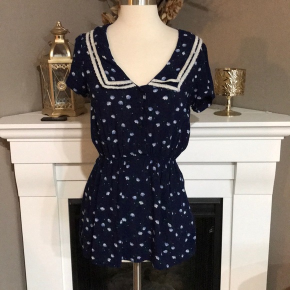 Free People Tops - Free People Blue Floral Lace Trimmed Collar Shirt